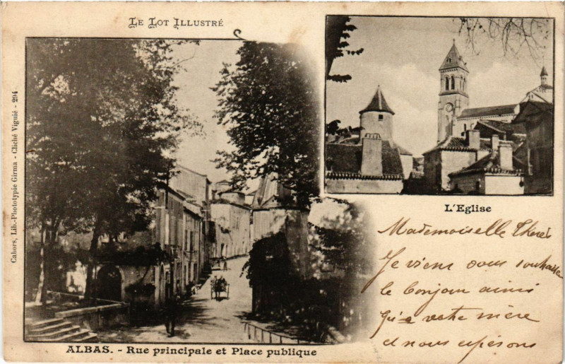 Carte postale ancienne Le Lot Ill... Albas Rue principale et Place publique L'Eglise à Albas