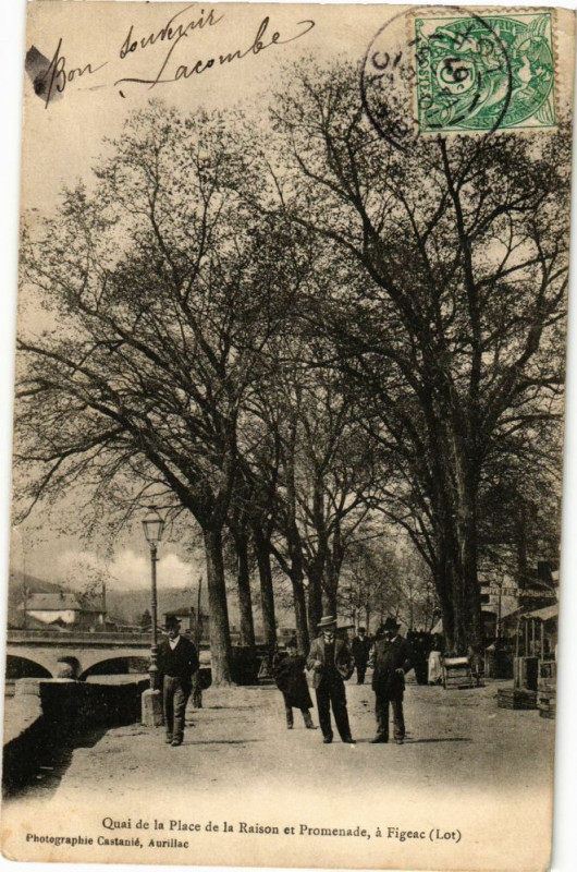 Carte postale ancienne Quai de la Place de la Raison et Promenade a Figeac - à Figeac