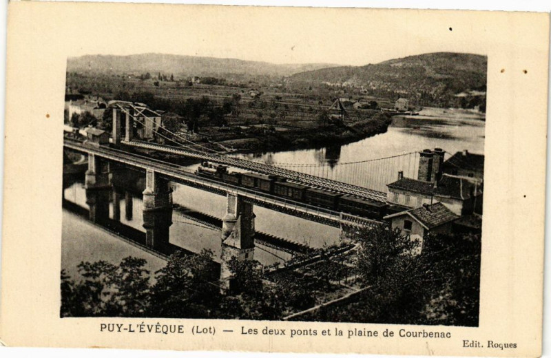 Carte postale ancienne Puy-l'Eveque - Les deux ponts et la plaine de Courbenac à Puy-l'Évêque
