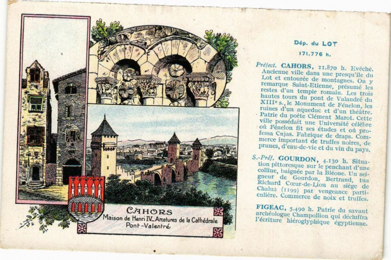 Carte postale ancienne Cahors Maison de Henri Iv Arcatores de la Cathédrale Pont-Valentre à Cahors