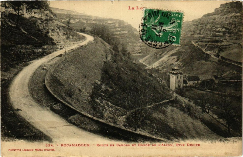 Carte postale ancienne Le Lot-Rocamadour Route de Cahors et Gorge de l'Alzou Rive Droite à Cahors