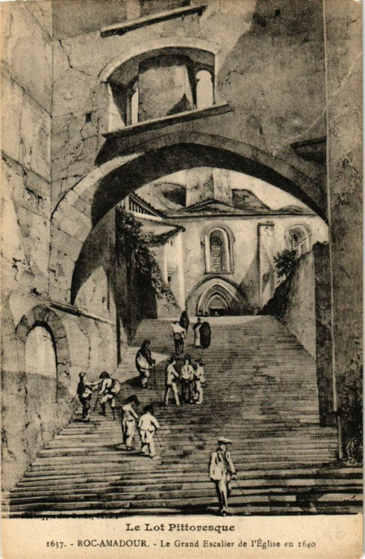 Carte postale ancienne Rocamadour-Le Grand Escalier de l'Eglise à Rocamadour