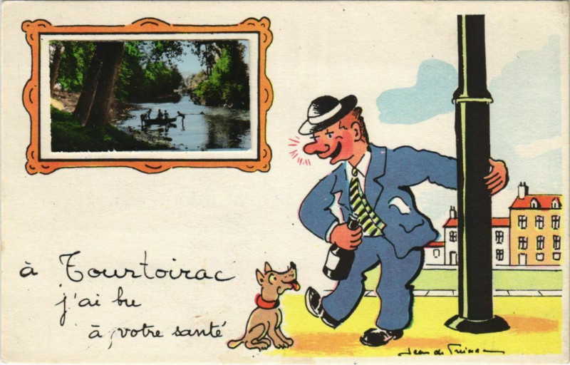 Carte postale ancienne Dordogne - Landscape with a Boat - Man with a Dog
