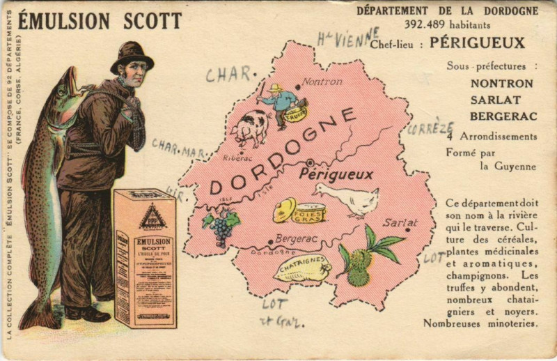 Carte postale ancienne Departement de la Dordogne - Map - Emulsion Scott Advertising