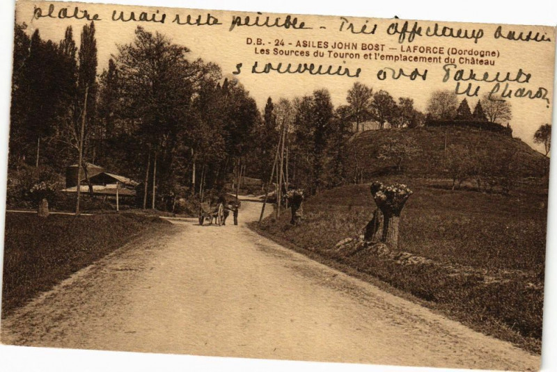 Carte postale ancienne Asiles John Bost-La Force-Les Sources du Touron et l'emplacement à La Force