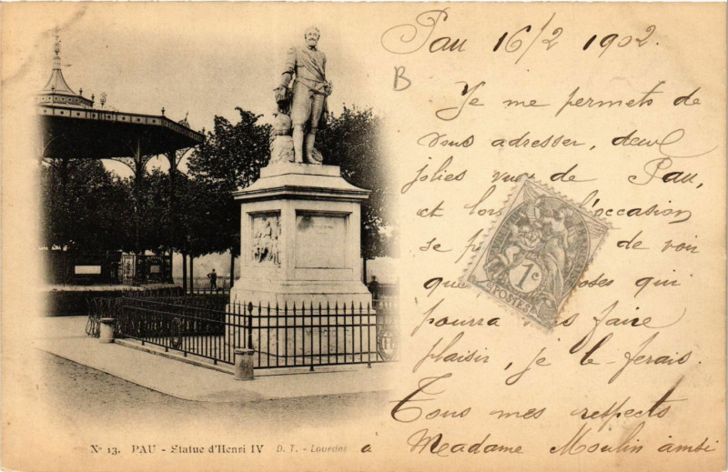 Carte postale ancienne Pau Statue d'Henri Iv à Pau