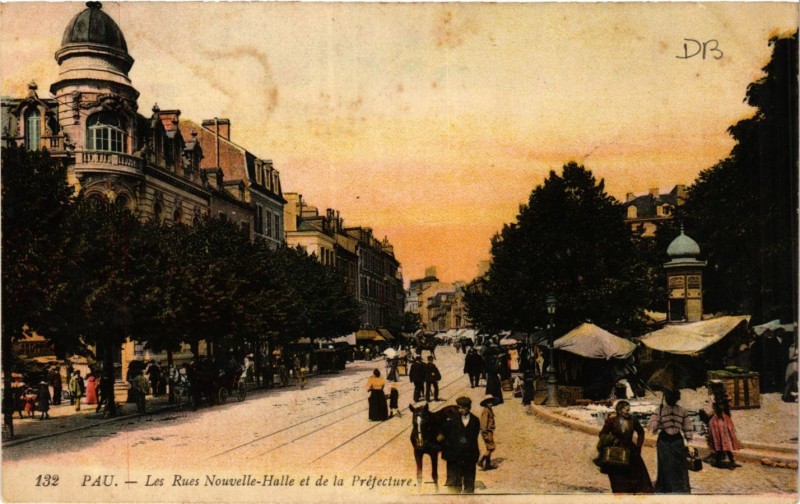 Carte postale ancienne Pau Les Rues Nouvelle Halle et de la Prefecture à Pau