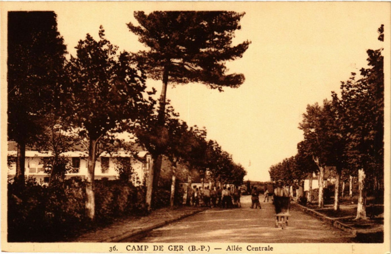 Carte postale ancienne Camp de Ger - Allée Centrale à Ger