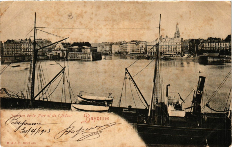 Carte postale ancienne Bayonne Jonclion de la Nive et de l'Adour à Bayonne