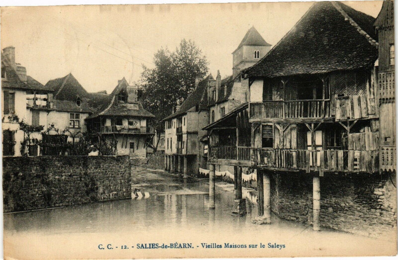 Carte postale ancienne Salies-de-Beran - Vieilles Maisons sur le Saleys