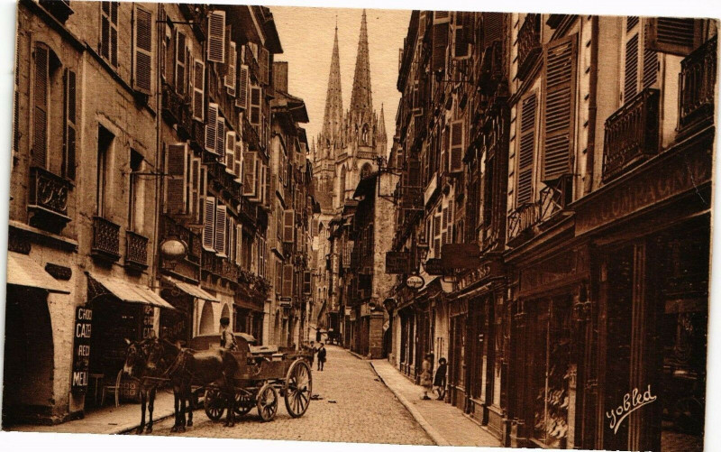 Carte postale ancienne Bayonne - Rue du Port-Neuf et les fleches de la Cathedrale à Bayonne