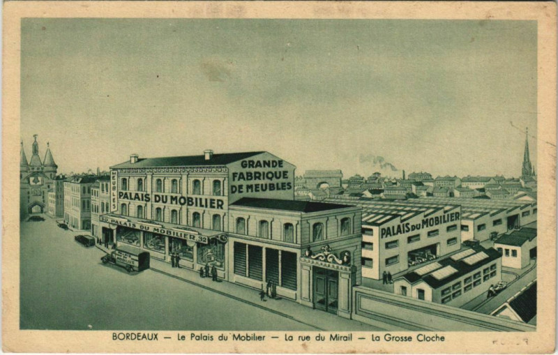 Carte postale ancienne Bordeaux-Le Palais du Mobilier-La rue du Mirail-La Grosse Cloche à Bordeaux