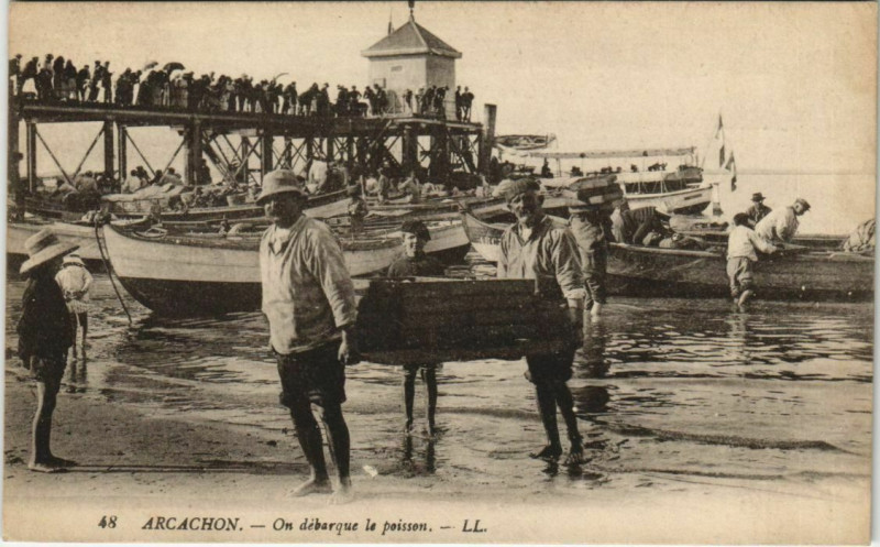 Carte postale ancienne On débarque le poisson à Arcachon