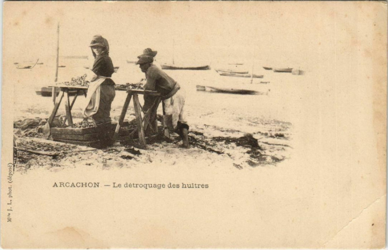 Carte postale ancienne Arcachon-Le détroquage des huitres à Arcachon