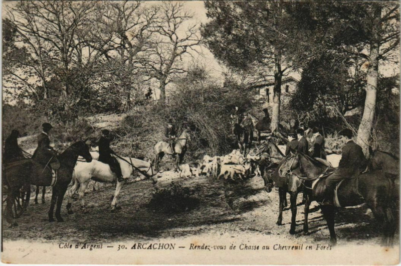 Carte postale ancienne Arcachon-Rendez vous de Chasse au Chevreuil en Foret à Arcachon