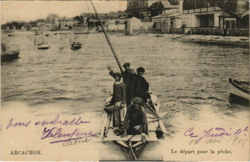 Carte postale ancienne Arcachon-Le départ pour la péche à Arcachon
