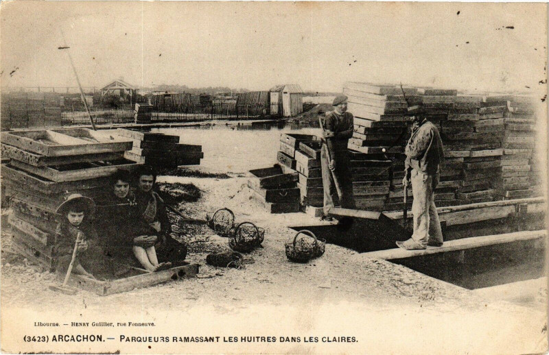 Carte postale ancienne Arcachon - Parqueurs ramassant les huitres à Arcachon