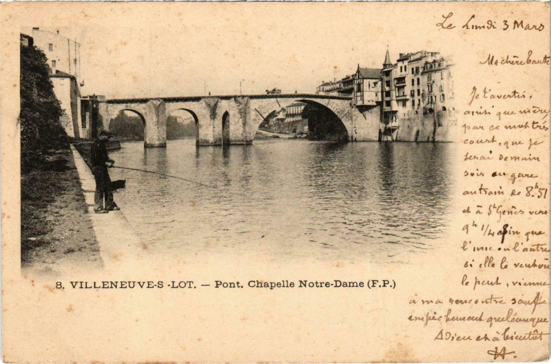 Carte postale ancienne Villeneuve-sur-Lot Pont Chapelle N.-D. à Villeneuve-sur-Lot