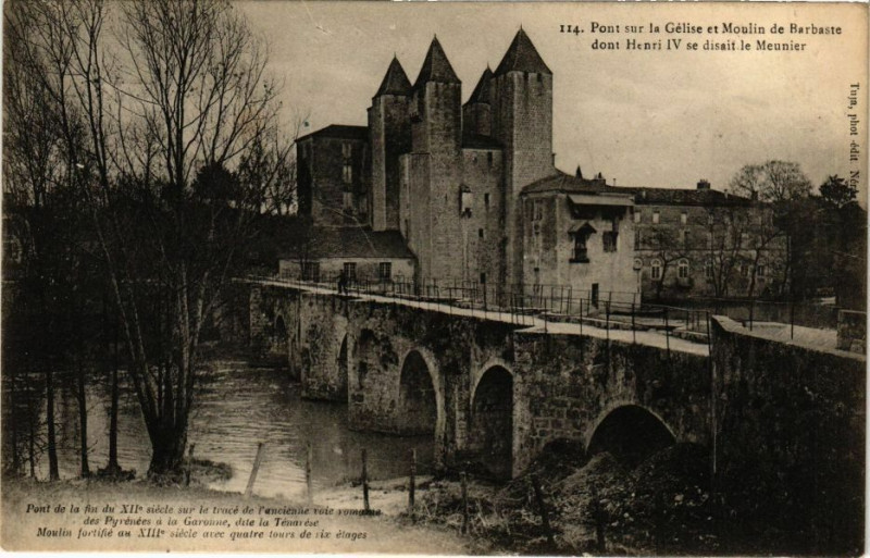 Carte postale ancienne Pont sur la Gelise et Moulin de Barbaste dont Henri Iv se disait à Barbaste
