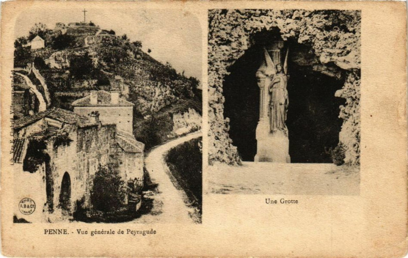Carte postale ancienne Penne-Vue générale de Peyragude-Une Grotte