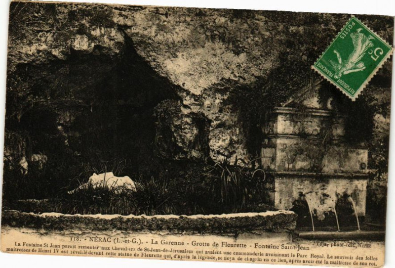 Carte postale ancienne Nerac-La Garenne-Grotte de Fleurette-Fontaine Saint-Jean à Nérac