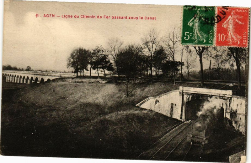 Carte postale ancienne Agen-Ligne du Chemin de Fer passant sous le Canal à Agen