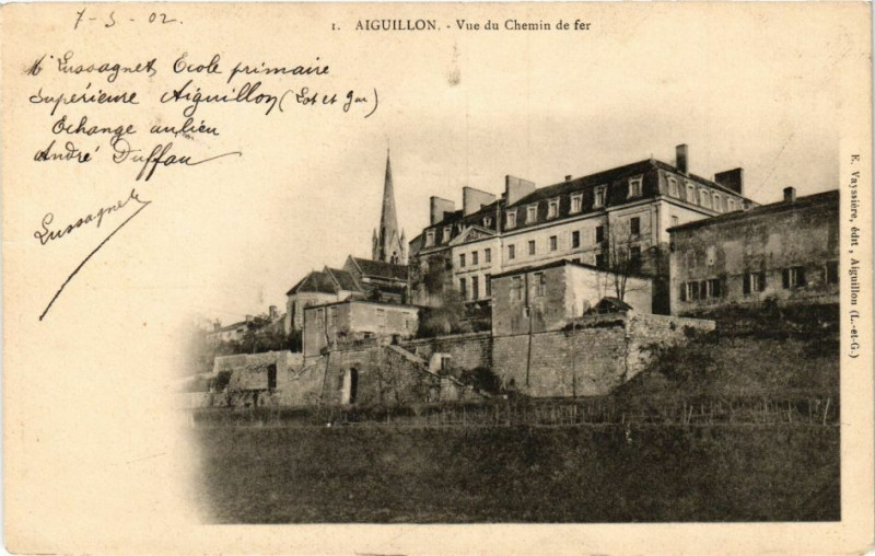 Carte postale ancienne Aiguillon - Vue du Chemin de fer à Aiguillon