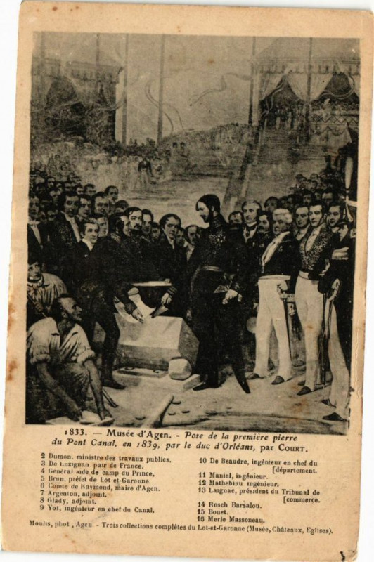Carte postale ancienne Agen - Musée - Pose de la premiere pierre du Pont Canal en 1839 à Agen