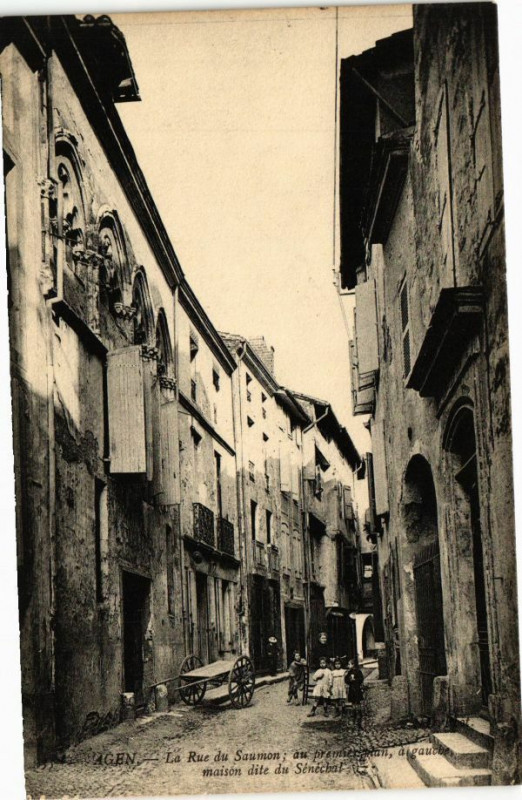 Carte postale ancienne Agen - La Rue du Saumon au premier plan algauche à Agen