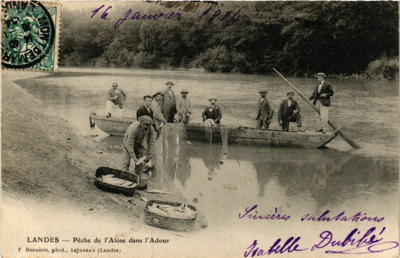 Carte postale ancienne Landes - Peche de l'Alose dans l'Adour - Folklore