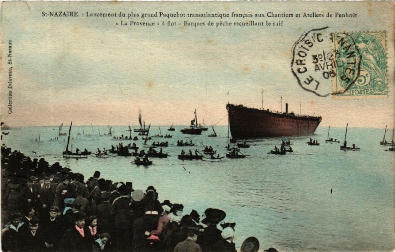 Carte postale ancienne Saint-Nazaire Lancement du plus grand Paquebot transatlantique franc à Saint-Nazaire