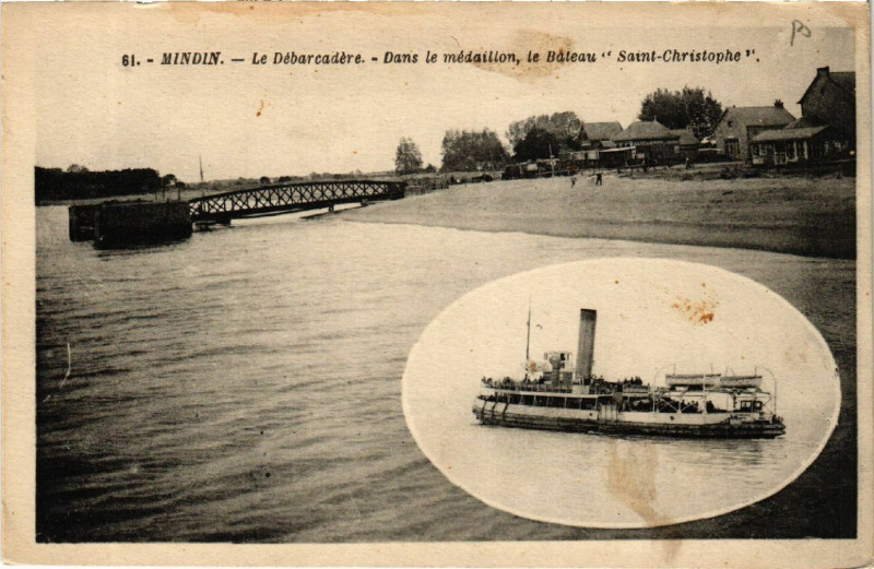 Carte postale ancienne Mindin - Le Debarcadere - Dans le medaillon, le Bateau Saint...