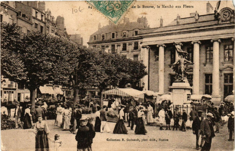 Carte postale ancienne Nantes - La Place de la Bourse, le Marche aux Fleurs à Nantes