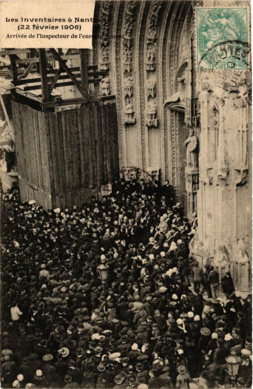 Carte postale ancienne Les Inventaires a Nantes (22 fevr.1906) - Arrivée de l'Inspecteur à Nantes