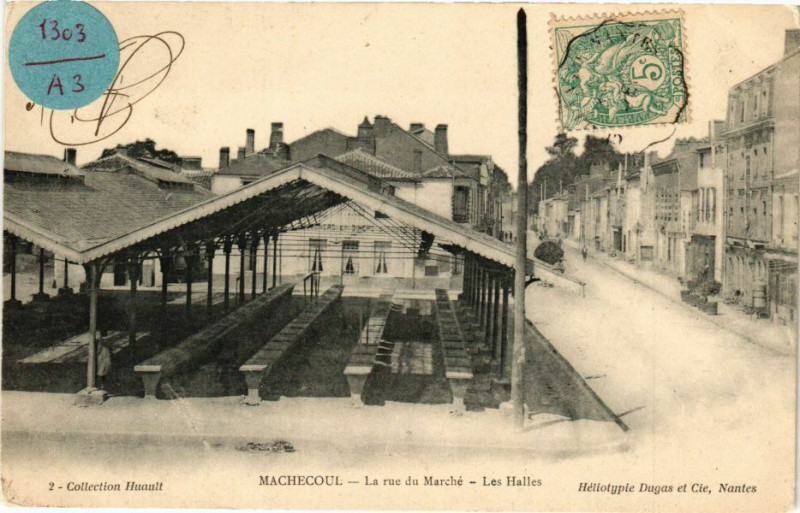 Carte postale ancienne Machecoul - La rue du Marché - Les Halles