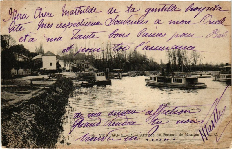 Carte postale ancienne Vertou - Arrivée du Bateau de Nantes à Vertou