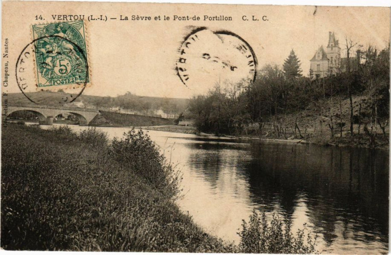 Carte postale ancienne Vertou - La Sevre et le Pont-de Portillon à Vertou