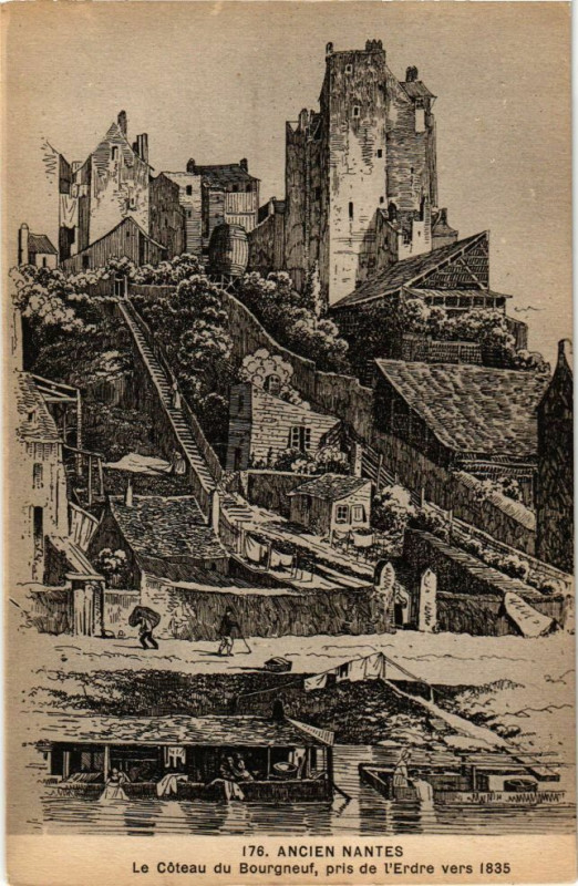 Carte postale ancienne Ancien Nantes - Le Coteau du Bourgneuf pris de l'Erdre vers 1835 à Nantes