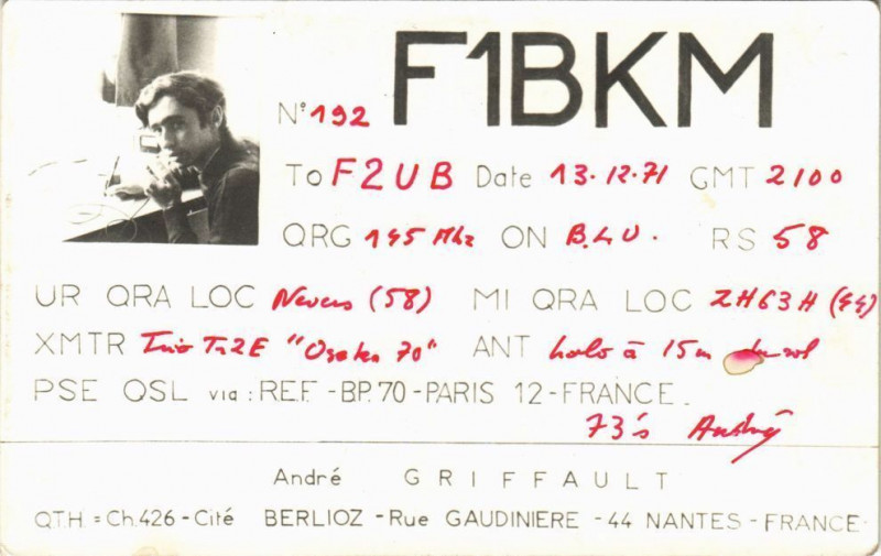 Carte postale ancienne F1BKM - To F2UB - Date 13.12.71 Gmt 2100 - Andre Griffault