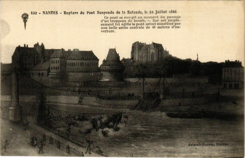 Carte postale ancienne Nantes - Rupture du Pont Suspendu de la Rotonde le 21 Juillet 1866 à Nantes