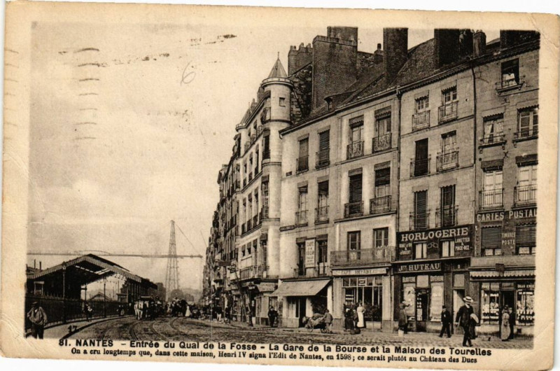 Carte postale ancienne Nantes - Entrée du Quai de la Fosse - La Gare de la Bourse et... à Nantes