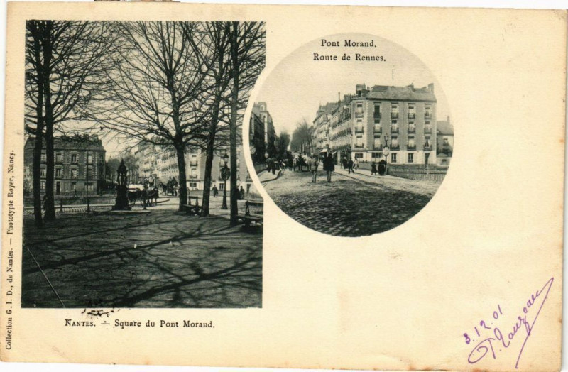Carte postale ancienne Nantes - Square du Pont Moraud - Route Rennes à Nantes