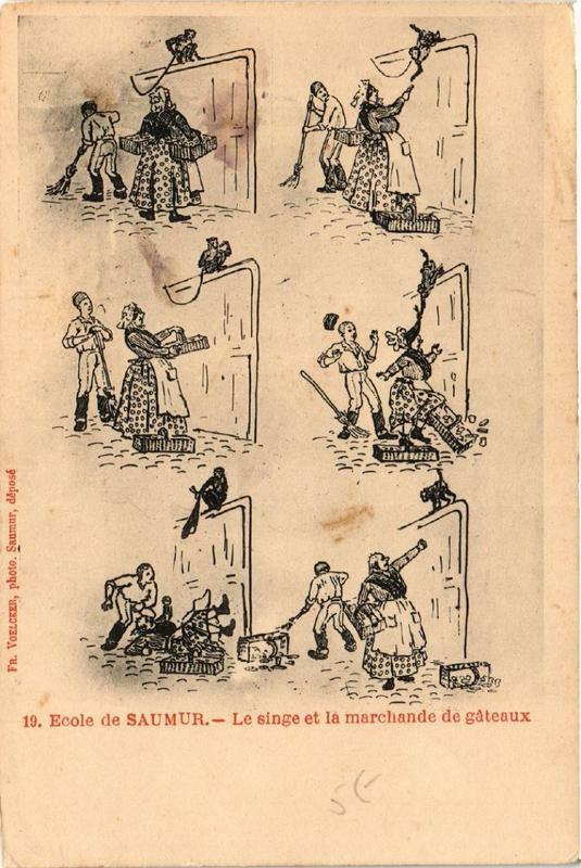 Carte postale ancienne Ecole de Saumur Le singe et la marchande de gateaux à Saumur