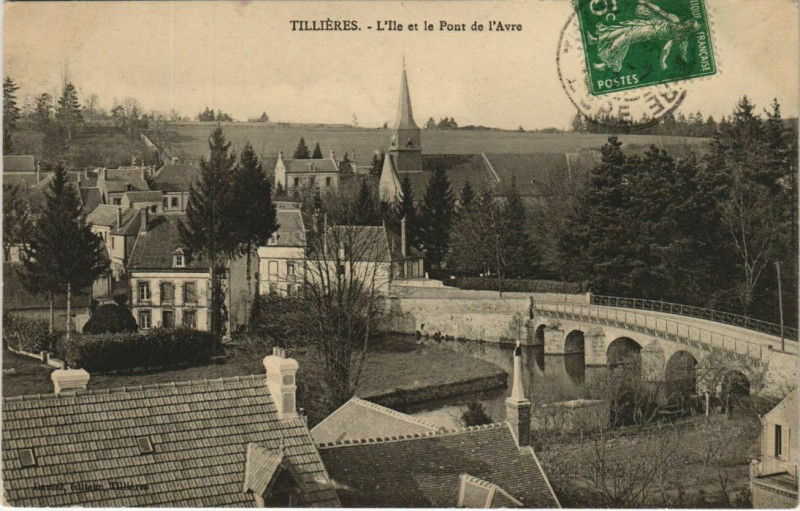 Carte postale ancienne Tillieres L'Ile et le Pont de I'Avre