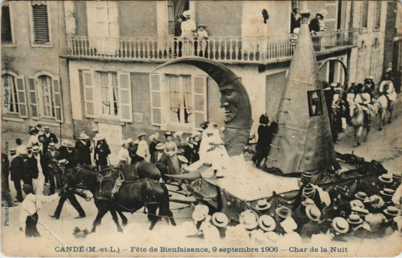 Carte postale ancienne Cande- Fete de Bienfaisance 9 septembre 1906 Char de la Nuit à Candé