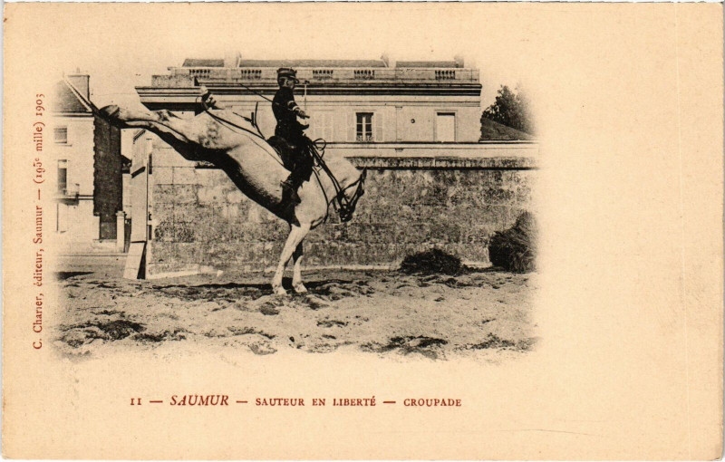 Carte postale ancienne Militaire - Saumur - Sauteur en Liberte - Groupade à Saumur