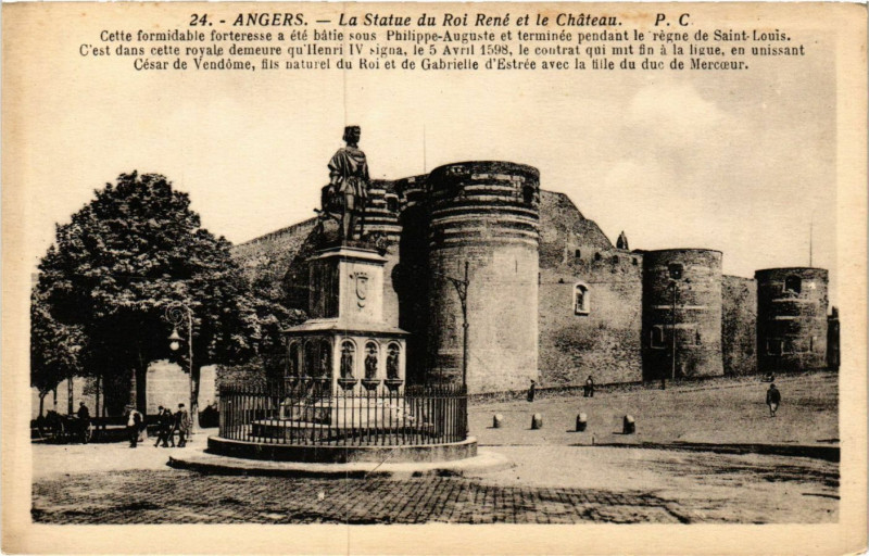 Carte postale ancienne Angers - La Statue du Roi René et le Chateau à Angers