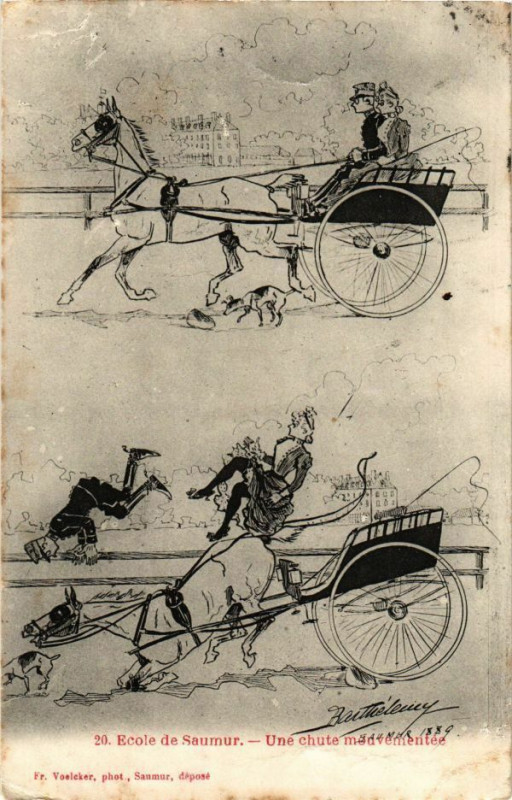 Carte postale ancienne Ecole de Saumur - Une chute mouvementée à Saumur