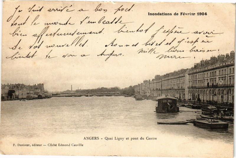 Carte postale ancienne Angers-Quai Ligny et pont du Centre à Angers