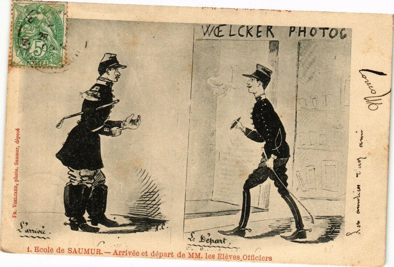 Carte postale ancienne Ecole de Saumur - arrivée et Départ de Mm.les Eleves Officiers à Saumur